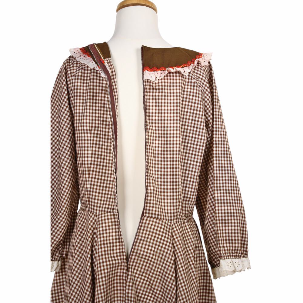 Vintage Malco Modes Prairie Dress Brown White Check Ric Rac Eyelet Trim Size 14 - Picture 6 of 9